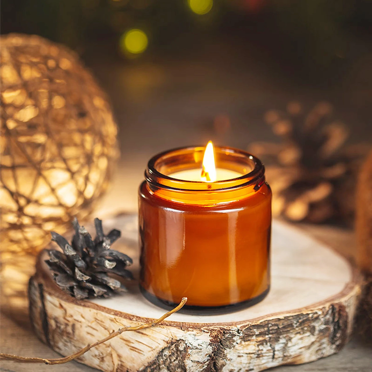 Amber Jar Candle - Cam Mum Kavanozları, 4oz Amber Yuvarlak
